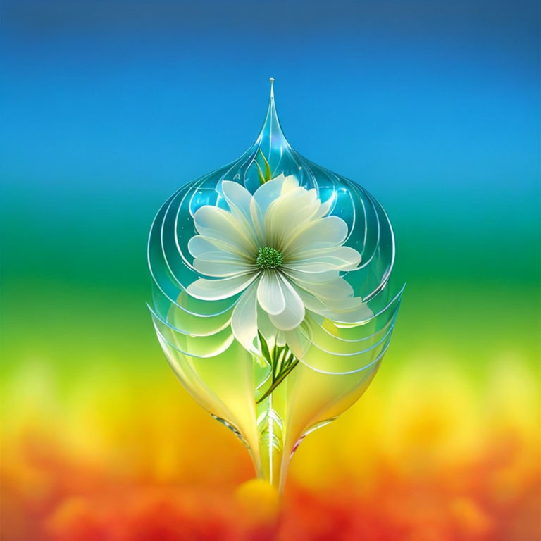 Transparent droplet with white flower on vibrant blue and orange backdrop
