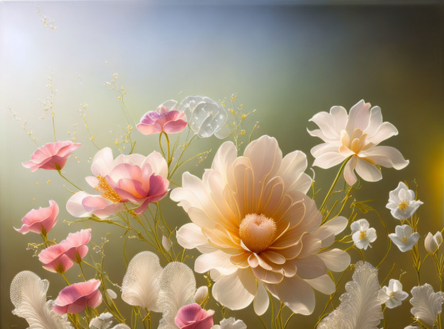 Soft-toned flowers and translucent bubbles in digital art piece