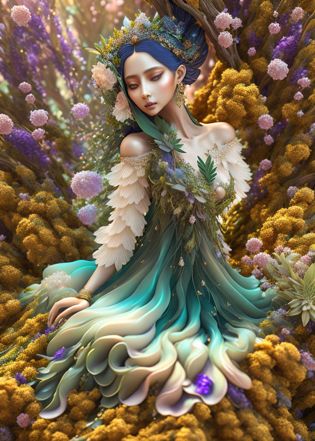 Fantasy illustration of blue-skinned female in teal dress with feather details among colorful flowers