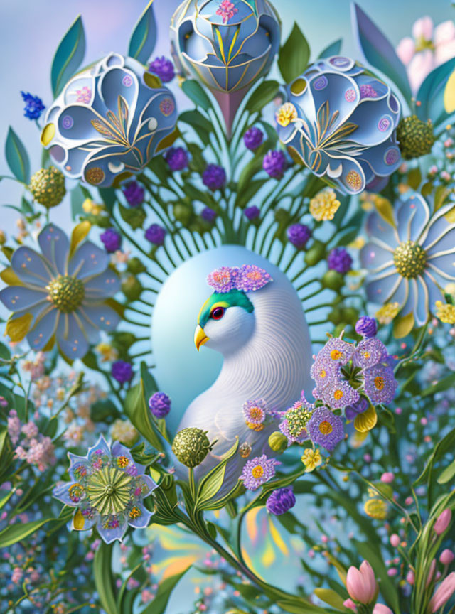 Surreal bird with patterned body among vibrant flowers and orbs on soft blue backdrop
