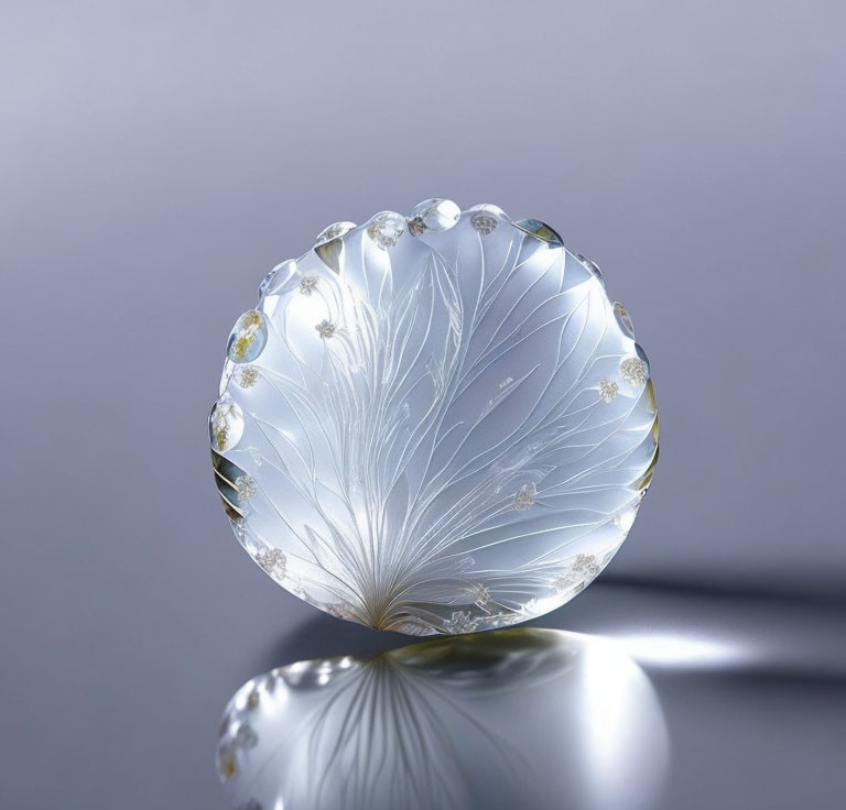 Crystal Paperweight with Flower and Bubble Inclusions Reflecting Light