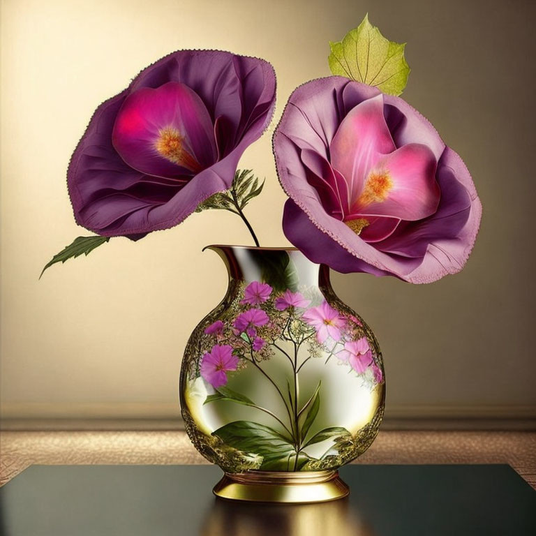 Golden vase digital artwork with transparent center and vibrant purple blooms