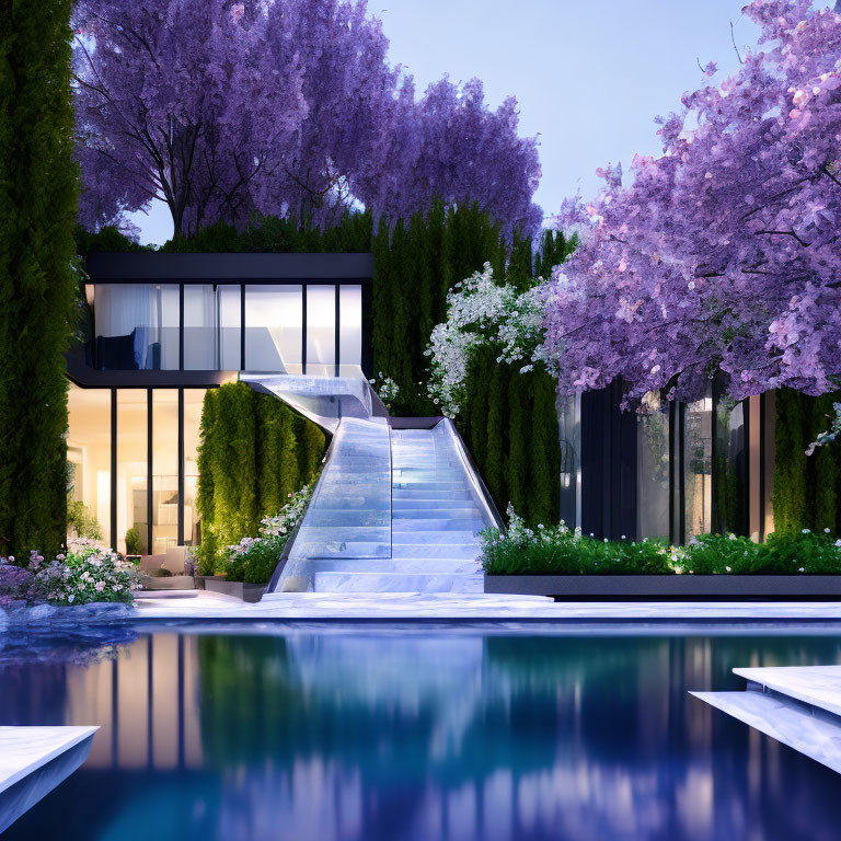 Spacious modern house with large windows, purple trees, and pool at twilight