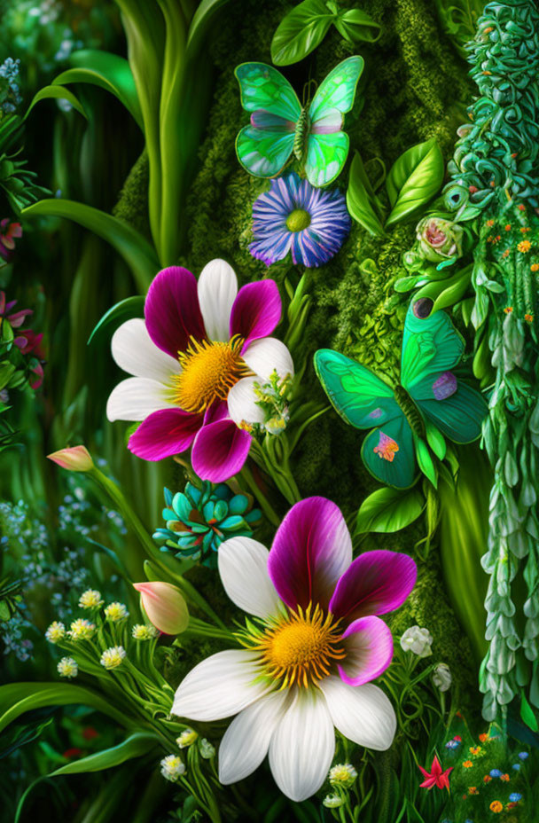 Colorful garden with flowers and butterflies in lush green foliage