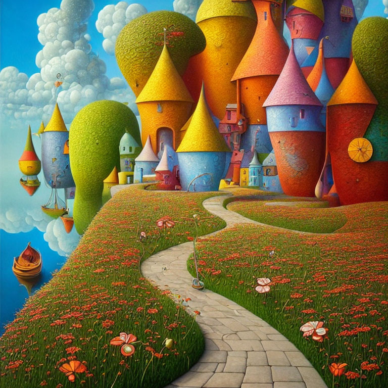 Colorful Whimsical Landscape with Curved Towers and Stone Pathway