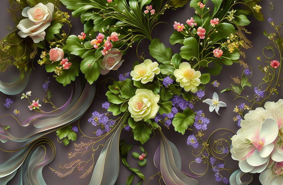 Detailed Floral Digital Artwork: Pastel Roses, Green Leaves, Lilac Flowers, Swirling Rib