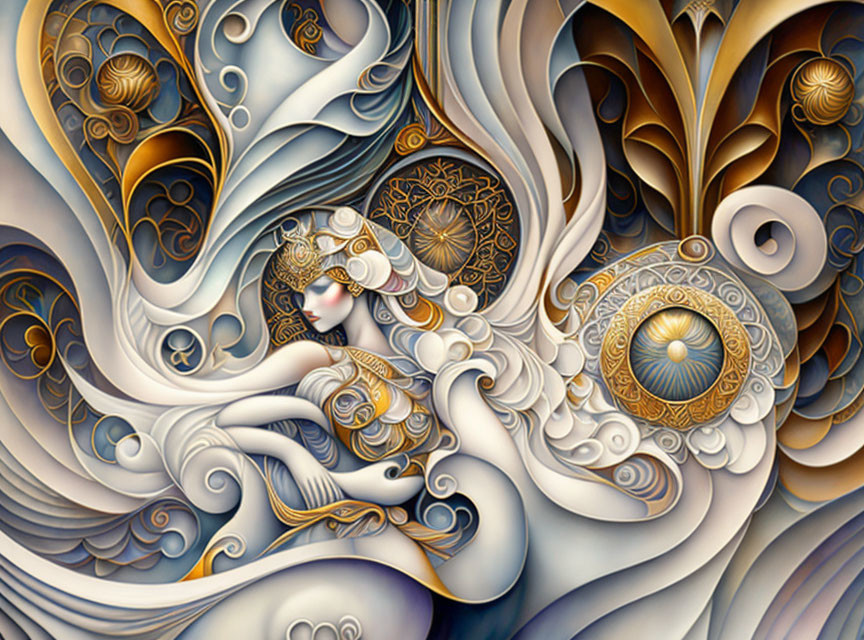 Surreal ornate artwork with stylized figure and intricate patterns