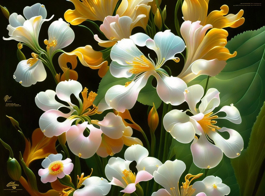Vibrant digital art of white and yellow flowers on dark background