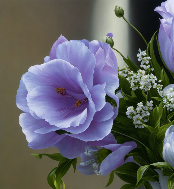 Detailed Purple Flower Arrangement with White Blossoms