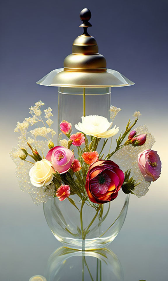 Colorful Flowers in Glass Vase with Gold Lantern on Gradient Background