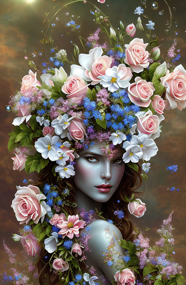 Woman with floral headdress in surreal setting