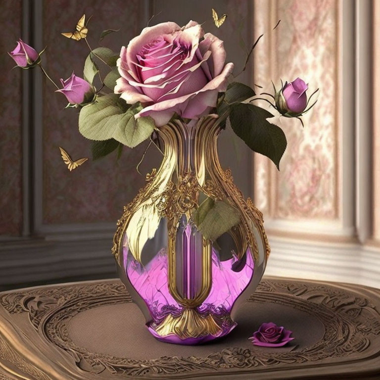 Pink rose, buds, butterflies in gold and purple vase on wooden table by draped window