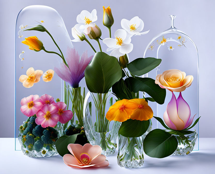Colorful Stylized Flowers in Glass Vases on Purple Background