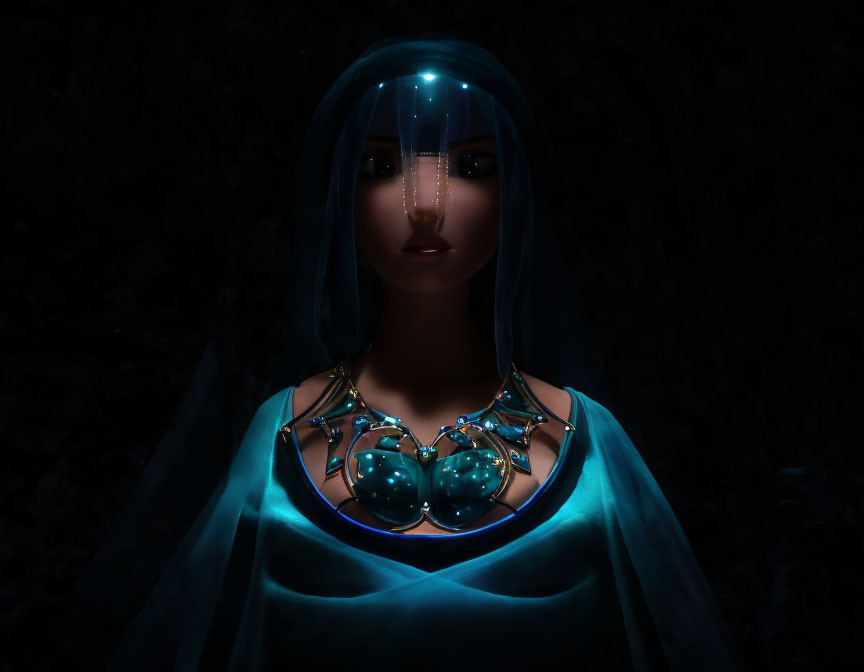 Woman in Blue Veil with Glowing Turquoise Necklace on Dark Background