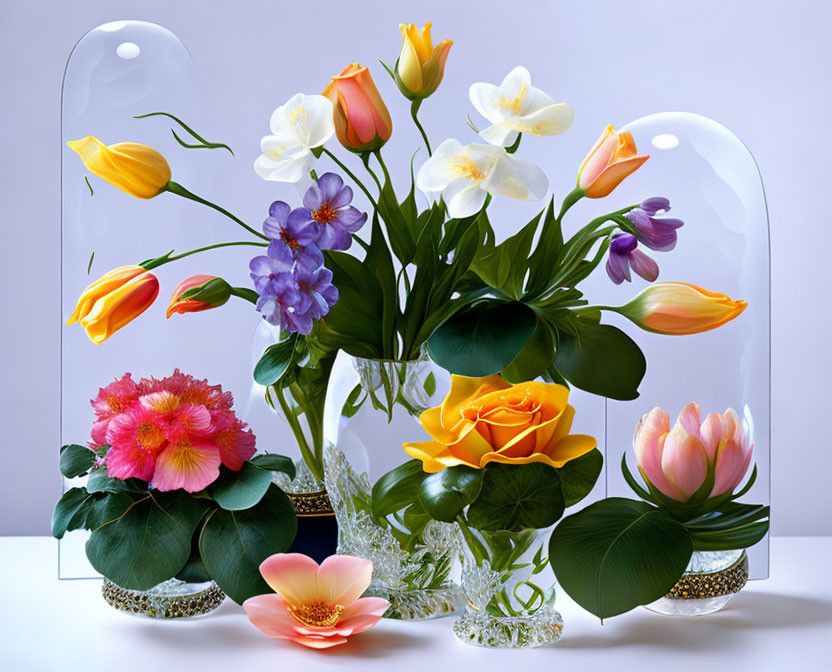 Colorful floral arrangement with tulips, roses, and greenery in a transparent vase