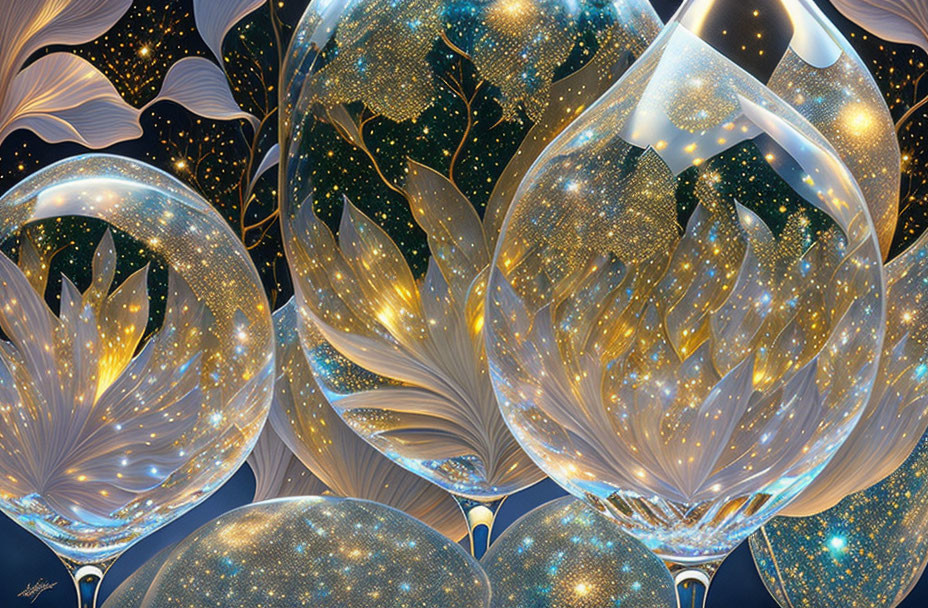 Digital Art: Wine Glasses, Spheres, Stars, and Floral Patterns on Cosmic Background