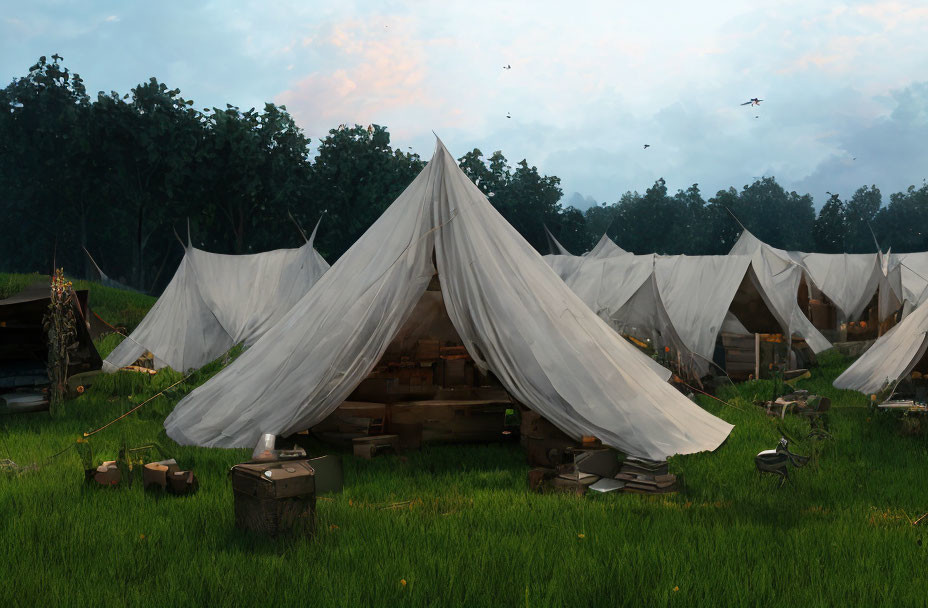 Military camp with canvas tents at dawn/dusk in nature landscape