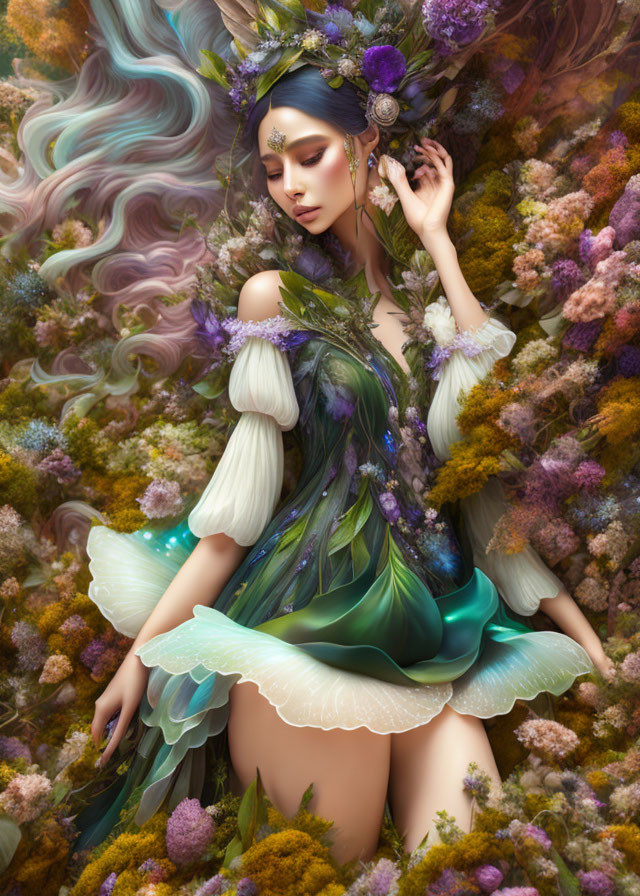 Fantasy portrait of a person with elf-like features in floral dress surrounded by lush flowers