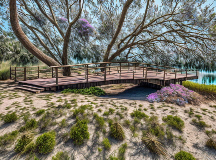 Tranquil park scene with wooden bridge, lush trees, purple flowers, and blue pond