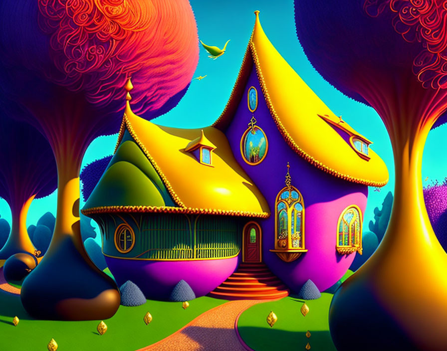 Colorful illustration of whimsical house and trees under blue sky