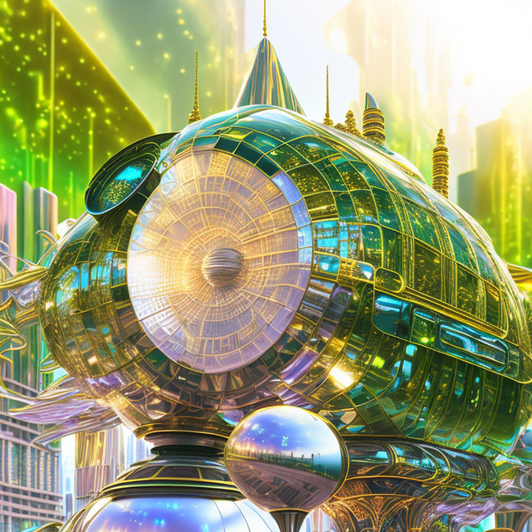 Futuristic cityscape with spherical building and vibrant lights