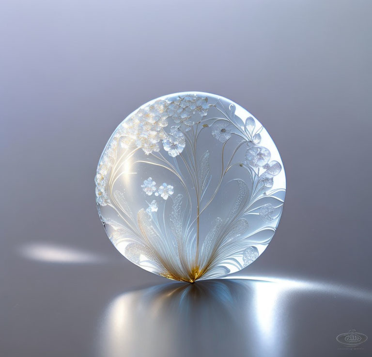 Intricate white floral designs in delicate glass paperweight