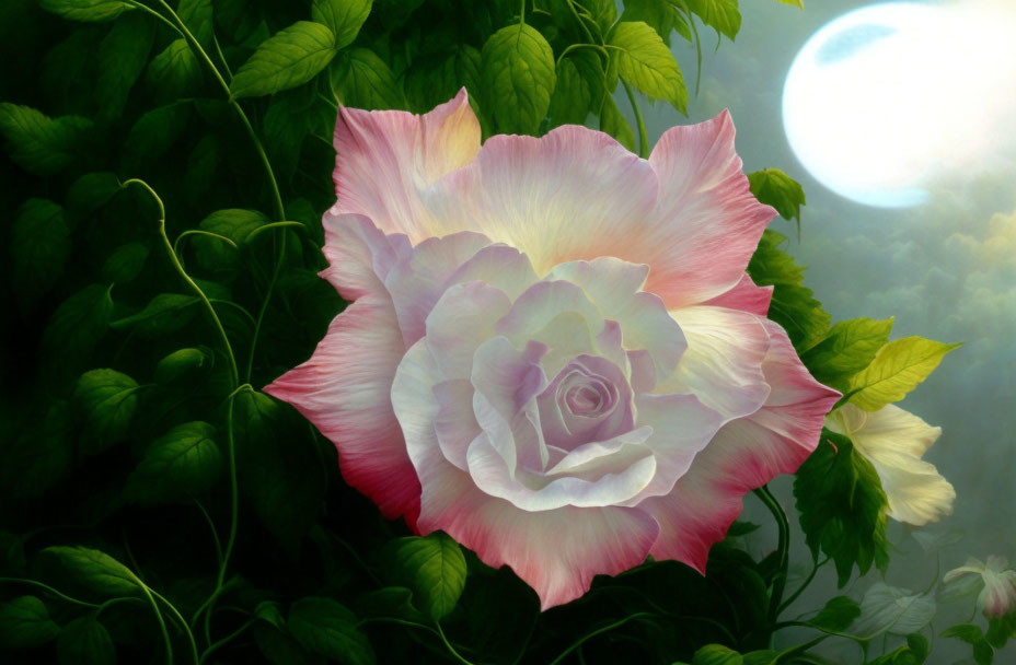 Pink and White Rose in Full Bloom on Dreamy Green and White Background