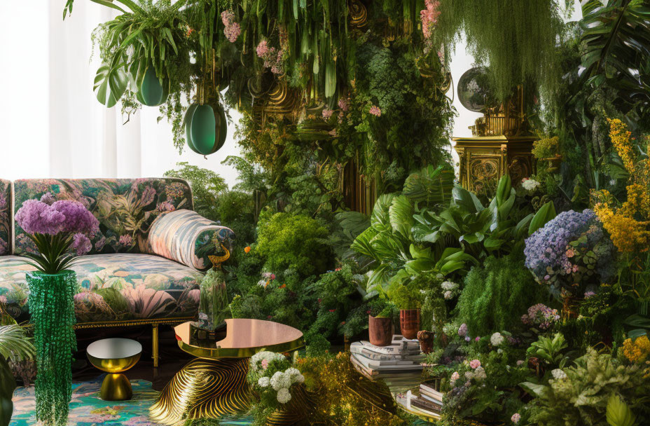 Luxurious indoor garden with greenery, floral upholstery, and gold accents