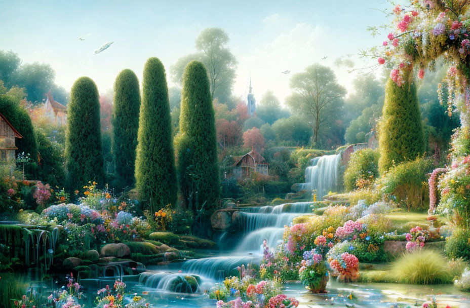 Tranquil village scene with waterfalls, blooming plants, trees, and blimp in serene