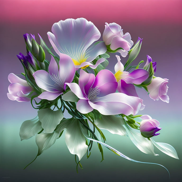 Colorful digital artwork: Purple and white flower bouquet on gradient backdrop