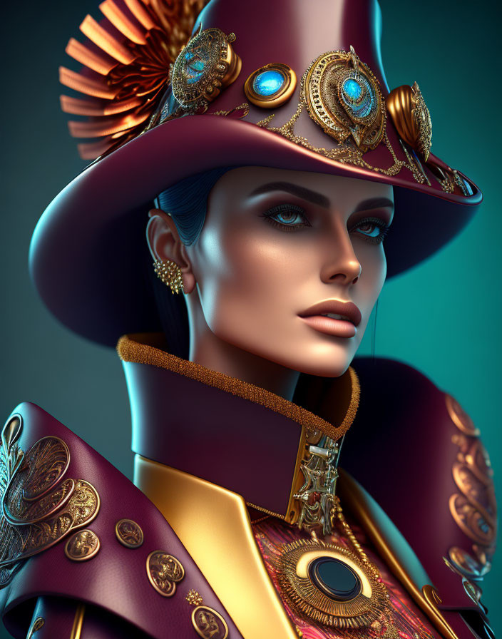 Portrait of woman with blue eyes in ornate hat and military attire, blue and gold color theme