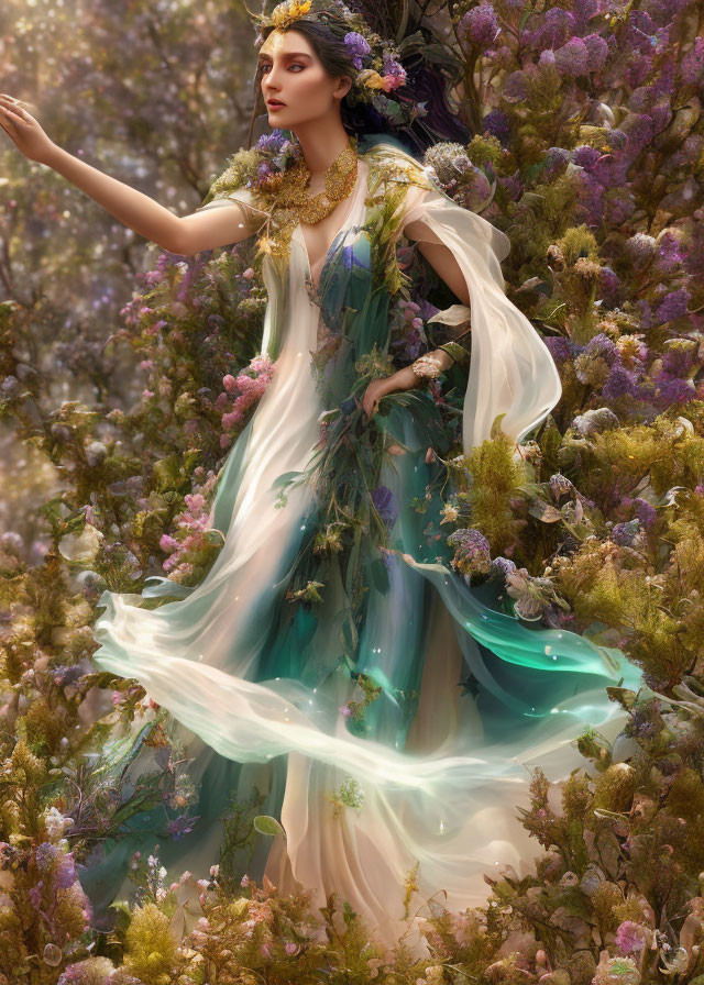 Ethereal woman in floral gown in fantasy setting