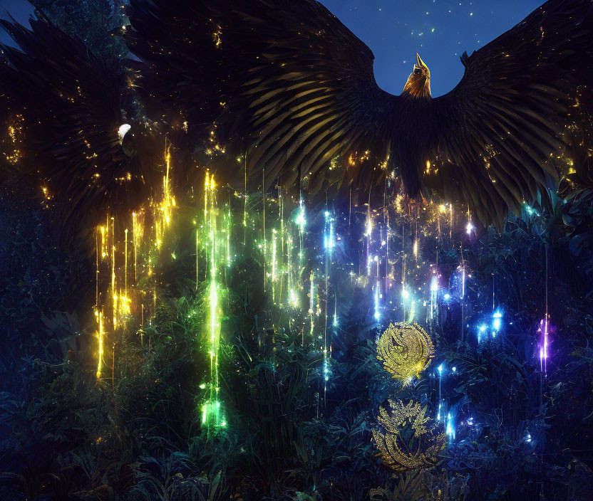 Mystical eagle in magical forest with colorful light streams