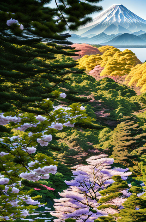 Scenic cherry blossoms, Mount Fuji, and lush greenery landscape