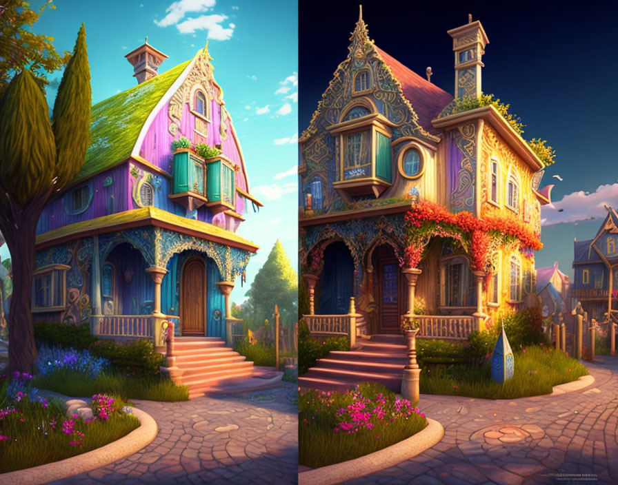 Detailed Victorian architecture in vibrant, whimsical houses with lush garden surroundings.