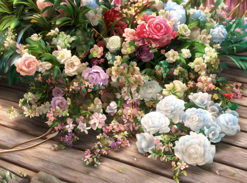 Colorful Flower Arrangement on Wooden Planks in Soft Sunlight