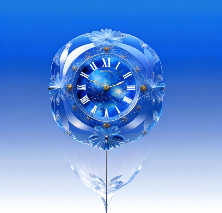 Transparent Flower Clock with Roman Numerals on Blue Gradient Background