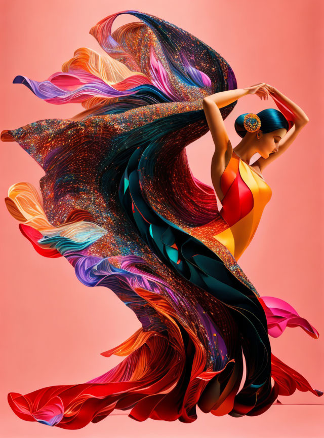 Vibrant dancer twirls in flowing garments against pink backdrop