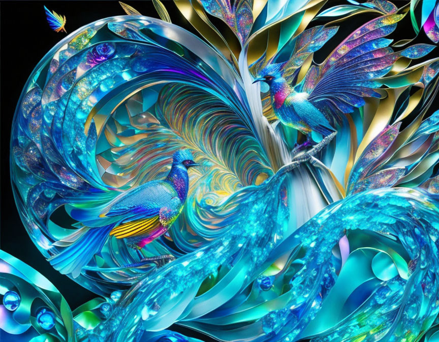 Colorful digital art: Two iridescent peacocks with swirling patterns on dark backdrop