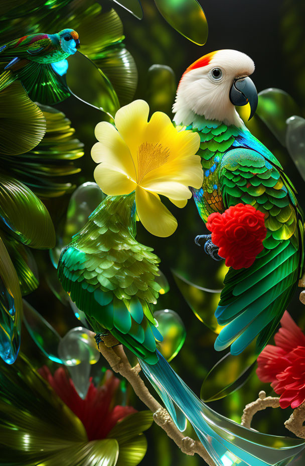 Colorful Parrot Perched Among Tropical Foliage and Flowers