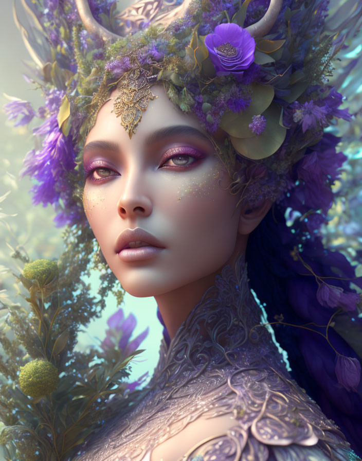Mystical female figure with violet eyes in purple floral headdress