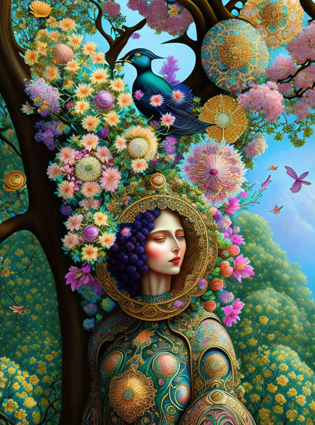 Surreal artwork: Woman with floral halo, peacock, and vibrant foliages