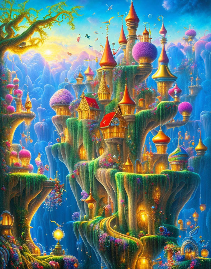 Colorful Fantasy Landscape with Trees, Waterfalls, and Castles at Twilight