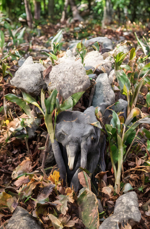 Stone Elephant Statue Surrounded by Green Plants and White Stones