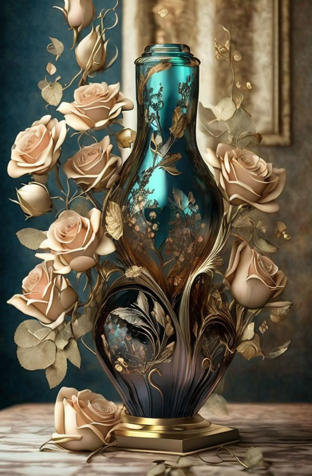 Turquoise vase with golden embossed details, beige roses, and blue backdrop.