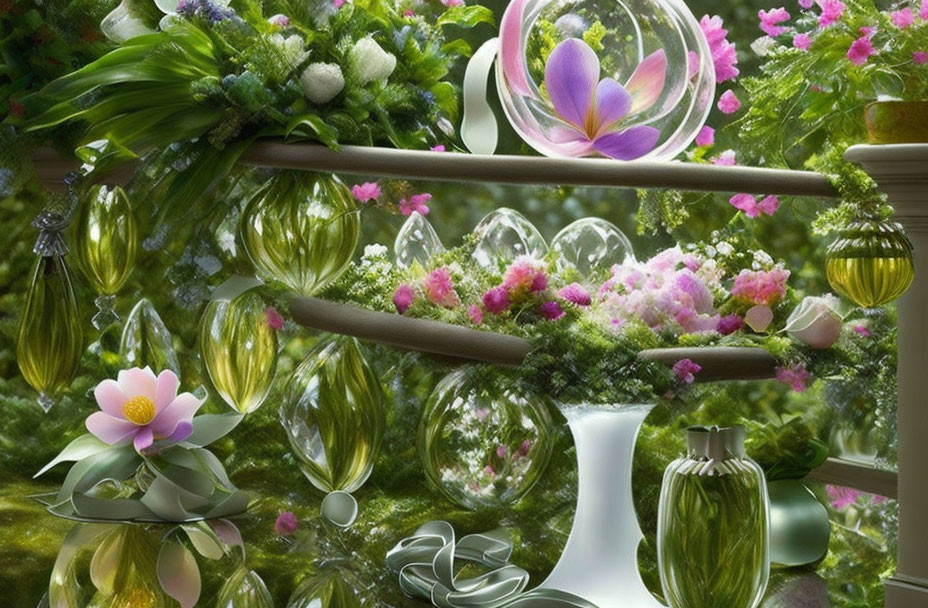 Floral and Glass Decor in Lush Garden Setting