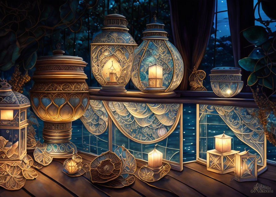 Ornate lanterns casting warm glow on wooden surface with moonlit ocean view through vine-adorn