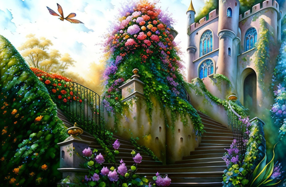 Colorful painting of flower-covered castle with stone staircase, lush gardens, and fluttering butterfly under sunny