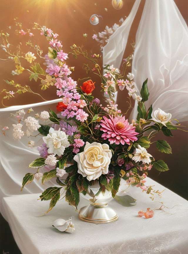 Assorted Flowers Bouquet in Classic Vase on Table with White Cloth
