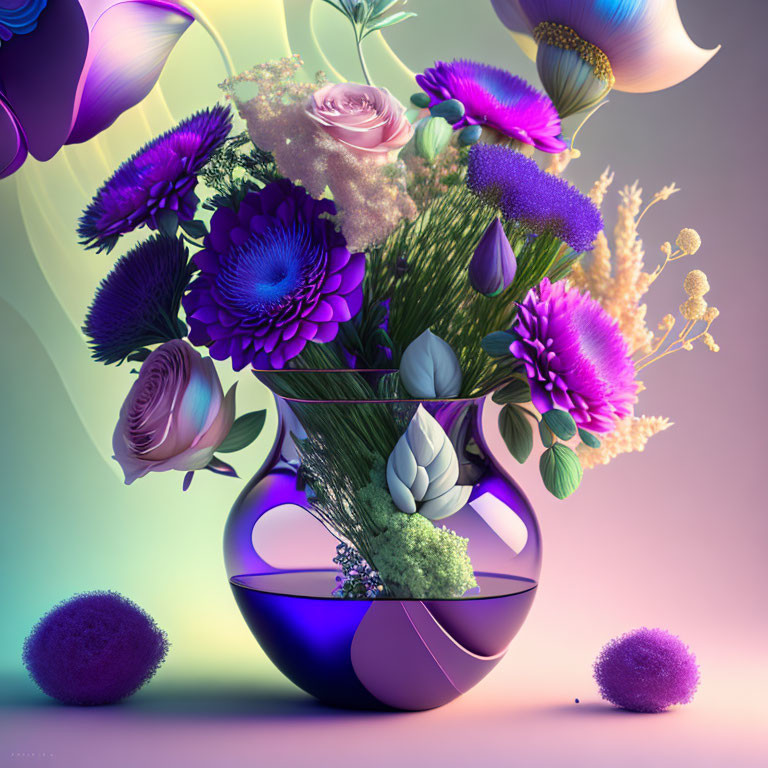Colorful digital artwork: Purple glass vase with stylized flowers and floating orbs